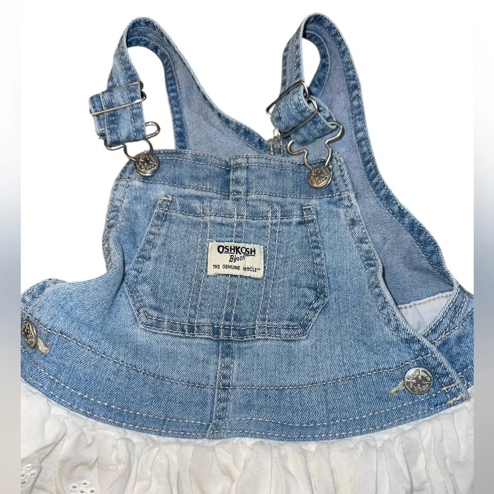 OshKosh B'gosh Toddler Girls Denim Eyelet Lace Overalls Dress Size‎ 24 Months